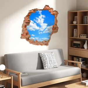 3D Wandtattoo mit Backstein-Effekt und blauem Himmel über einem Sofa im Wohnzimmer-Dekor