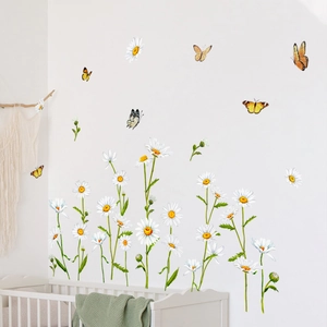 Floral wall decals with white daisies and colorful butterflies for nursery home decor