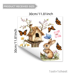 Sticker mural aquarelle lapin papillon cabane pour chambre d'enfant, taille 30x30cm