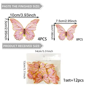 Size guide for 12pcs pink and gold 3D butterfly wall stickers with detailed dimensions