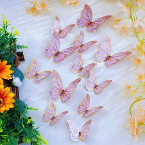 3D pink-purple gradient butterflies with gold stamped edges for festive wall decoration