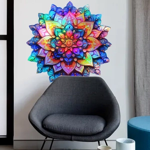 Detail of iridescent mandala wall sticker showing color shifts on minimalist white wall