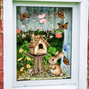 Détail des stickers statiques lapin et papillon style aquarelle pour fenêtres