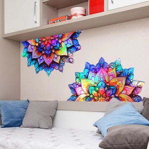 Iridescent laser mandala wall decals showing colorful gradient petals in a modern bedroom