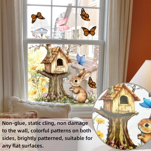 Détail de stickers électrostatiques aquarelle avec lapin et cabane pour chambre d'enfant