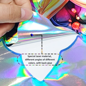 Macro shot of iridescent laser mandala sticker showing color change from different angles