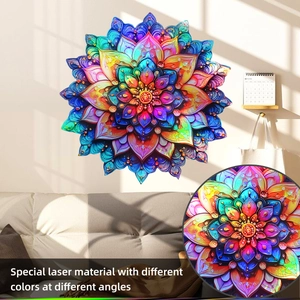 Macro detail of laser holographic mandala wall sticker with gradient rainbow light effects