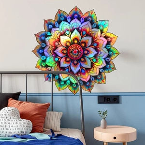 Holographic mandala wall sticker with iridescent gradient colors for bedroom decor