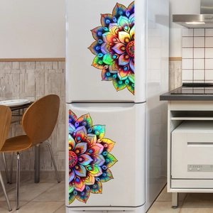 Detailed colorful mandala wall decals applied on a modern white double-door refrigerator