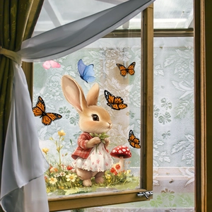 Stickers électrostatiques lapin et papillons sur fenêtre dans un décor chaleureux
