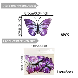Size guide for 3D purple butterfly stickers showing dimensions in cm and inches