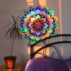 Vibrant gradient mandala wall sticker with rainbow holographic effect in sunset light