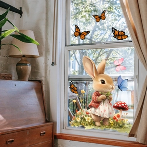 Autocollant de fenêtre lapin de Pâques à l'aquarelle avec papillons sur verre