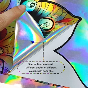 Holographic mandala wall sticker showing color-changing laser material and adhesive backing