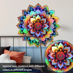 Iridescent laser mandala wall decal showing gradient color shifts in a bedroom setting