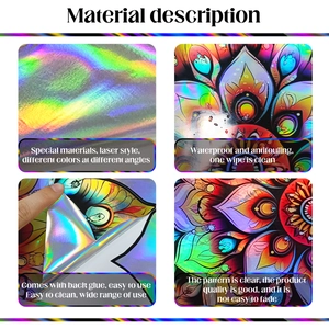 Macro detail of laser holographic mandala wall stickers showing waterproof and adhesive backing