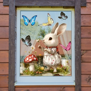 Sticker de Pâques avec lapin mignon en robe à fleurs et papillons colorés sur vitre