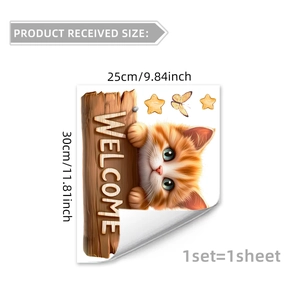 Cute orange cat Welcome sign wall sticker for kids room decor, 30x25cm self-adhesive decal