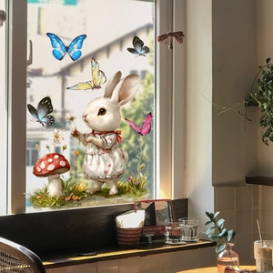 Stickers de fenêtre aquarelle lapin et papillon pour décoration de chambre enfant