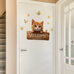 Cartoon orange cat welcome wall sticker with yellow butterflies for home door decor