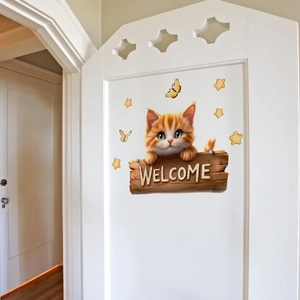 Detailed view of cartoon orange cat on a wood WELCOME sign wall sticker for kids rooms