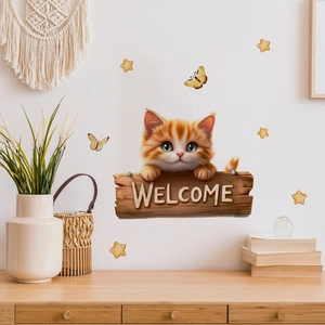 Cartoon orange tabby cat welcome sign wall sticker with stars and butterflies decoration