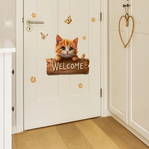 Cute ginger cat welcome sign wall sticker with butterflies for home door decoration