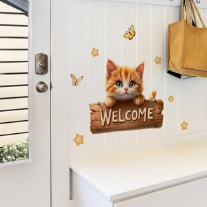 Cartoon Orange Cat Welcome Sign Wall Sticker PVC Self Adhesive Home Decor For Kids Room Bedroom Living Room Door Decal
