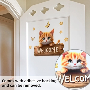 Detail of self-adhesive cat wall sticker featuring a welcome sign and star elements