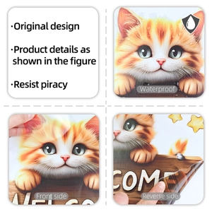 Detail showing waterproof hand-drawn cat sticker with Welcome text for kids room