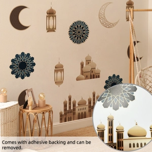 Detail showing self-adhesive backing of golden crescent and mosque wall stickers