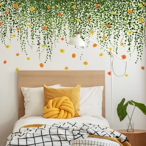 Green hanging vine wall stickers with yellow flowers for bedroom and living room decor