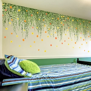 Green vine wall decals with yellow flowers for bedroom nursery wall decoration