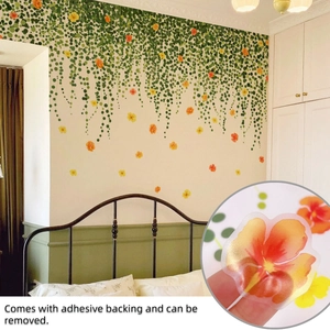 Hanging Green Vine Floral Wall Stickers Yellow Orange Flowers PVC Self Adhesive Removable Decals For Living Room Bedroom