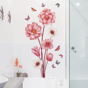 Stickers Muraux Fleurs Roses Papillons PVC Auto-Adhésif Imperméable Amovible Décoration Pour Chambre D'Enfant Salle De Bain