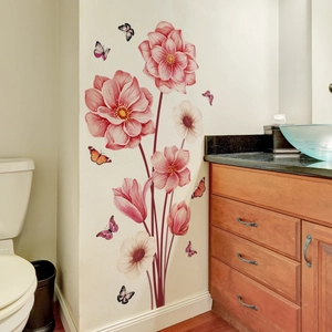 Stickers muraux fleurs roses aquarelle et papillons pour décor de salon et chambre