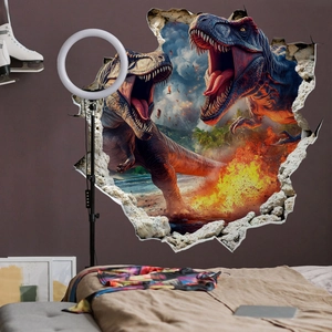 3D dinosaur wall sticker with T-Rex breaking through wall for bedroom decor