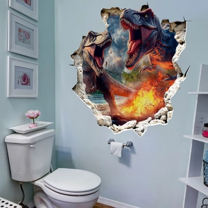 3D dinosaur wall sticker with T-Rex breaking through wall for home decor