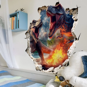 3D broken wall dinosaur sticker showing two fierce T-Rex and jungle fire detail