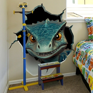 3D broken wall dinosaur wall sticker with cartoon green dinosaur for kids room decor