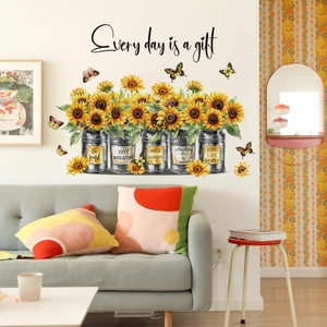 Sunflower and butterfly wall stickers with Every Day is a Gift quote for living room