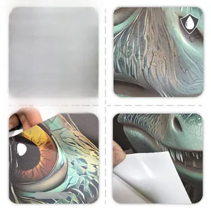 Detailed view showing the waterproof surface and self-adhesive backing of the 3D dinosaur decal