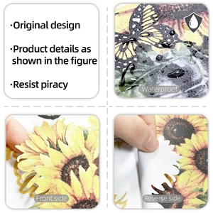 Detail view of sunflower wall sticker showing waterproof vinyl and front-back application