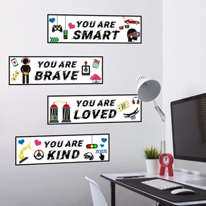 Gamer wall decals with motivational quotes and colorful tech icons for gaming room decor