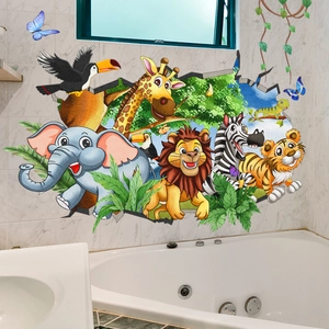 3D cartoon forest animals wall decals with breaking wall effect for bathroom decoration