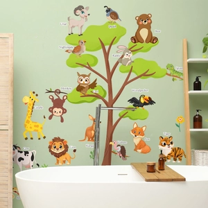 Détail des stickers muraux éducatifs avec animaux de dessin animé et mots en anglais
