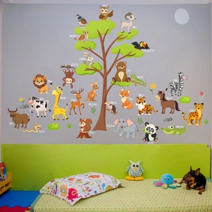 Stickers muraux arbre avec animaux et alphabet anglais pour décoration chambre enfant