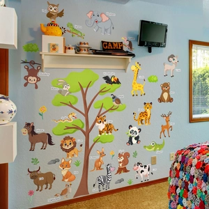Stickers muraux enfants avec animaux de dessin animé arbre et alphabet anglais