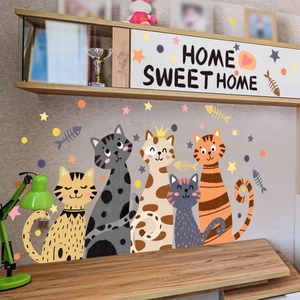 Cartoon Cat Family Wall Stickers PVC Self Adhesive Decor For Nursery Bedroom Living Room Home Sweet Home Lettering Cute Animal Wall Decals