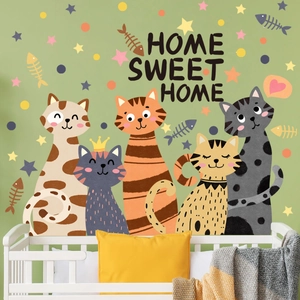 Cartoon kitten family wall stickers with Home Sweet Home text for nursery decor